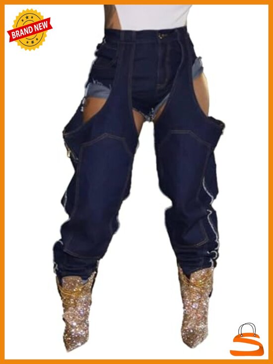 Denim - Baggy Denim Patchwork Jeans High Cutout Straight Wide Leg Stretchy Ripped Y2K